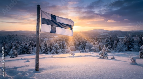Finnish National Flag Standing in Deep Arctic Snow at Sunrise
