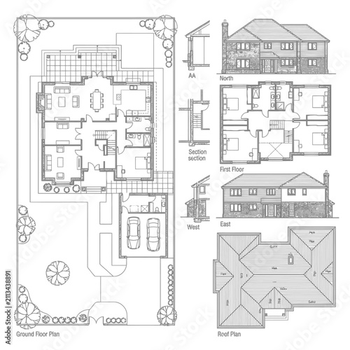 Comprehensive suburban home architectural plan with elevations and site.