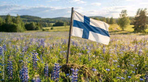 Finnish Flag Surrounded by Blooming Blue Wildflowers