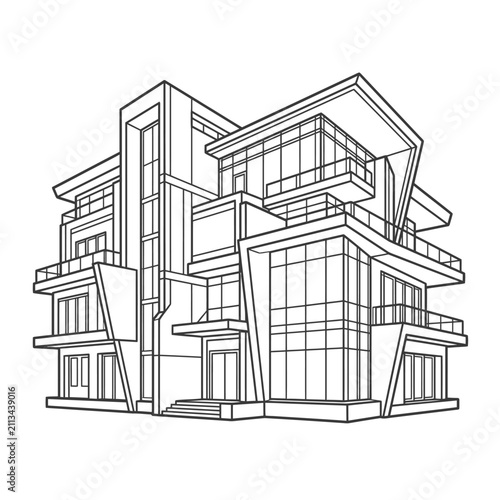 Contemporary asymmetrical residential house architectural line drawing.