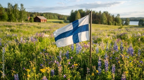 Finnish Flag Surrounded by Blooming Blue Wildflowers
