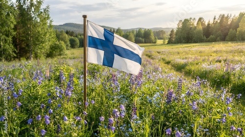 Finnish Flag Surrounded by Blooming Blue Wildflowers