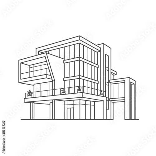 Contemporary house with large balcony overhang illustration.
