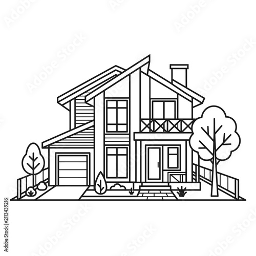 Contemporary house with slanted roof and garage.