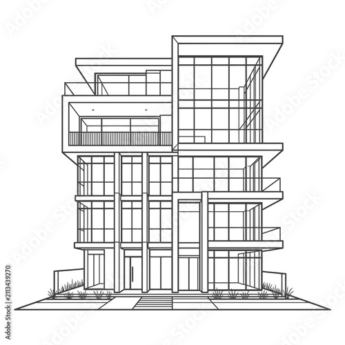 Contemporary multi-story office building line art.