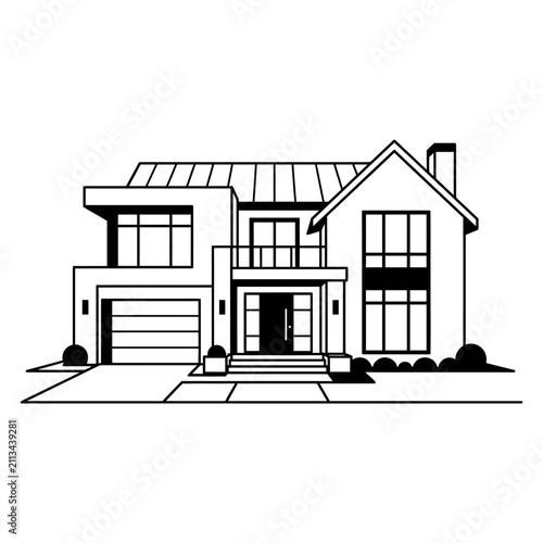 Contemporary residence line art with balcony and garage.