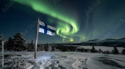 Finnish Flag Beneath Vibrant Aurora Borealis