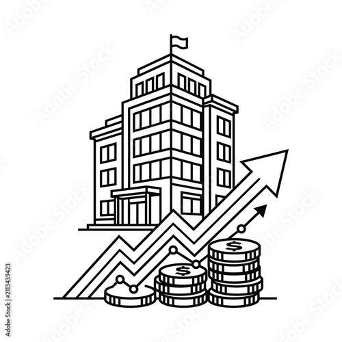 Corporate building with growth arrow and stacked coins