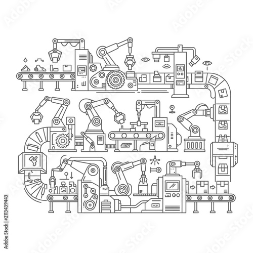 Continuous conveyor belt loop with various robotic workstation modules.