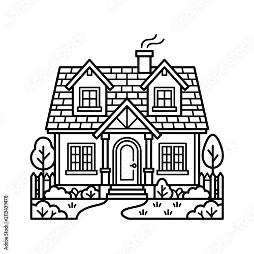 Cozy cottage with picket fence line art.