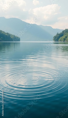 Serene atmosphere with gentle ripples on the lake surface, surrounded by lush greenery, quiet, serene