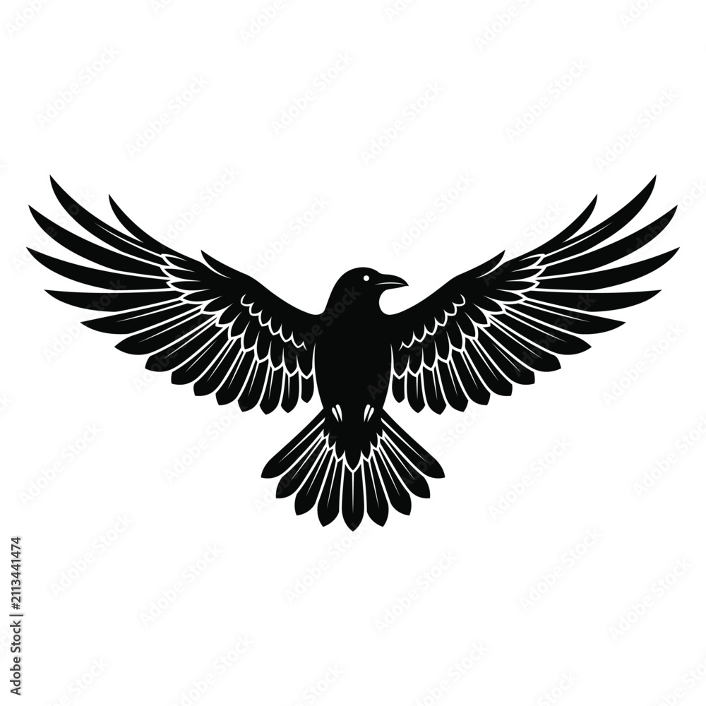 Obraz premium A minimalist black silhouette of a flying raven with wings spread wide isolated on a clean white background for graphic design projects