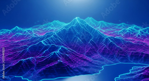 Neon topographic map of mountains in blue and purple, symbolizing data visualization or digital landscape exploration