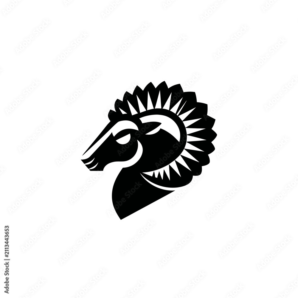 Obraz premium Stylized ram head profile with sun ray horns.