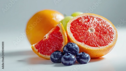 Colorful assortment of fresh citrus and berry fruits with a smooth background