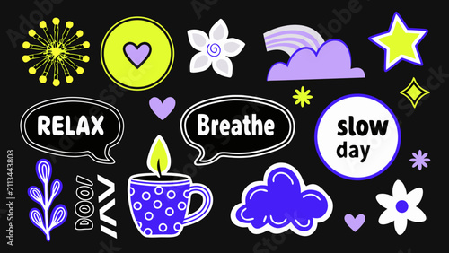 Vibrant self care and wellness stickers with relaxing phrases and calming symbols on black background
