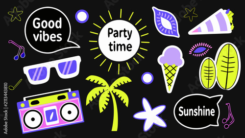 Vibrant summer party stickers with sunglasses palm tree ice cream and sunshine on black background
