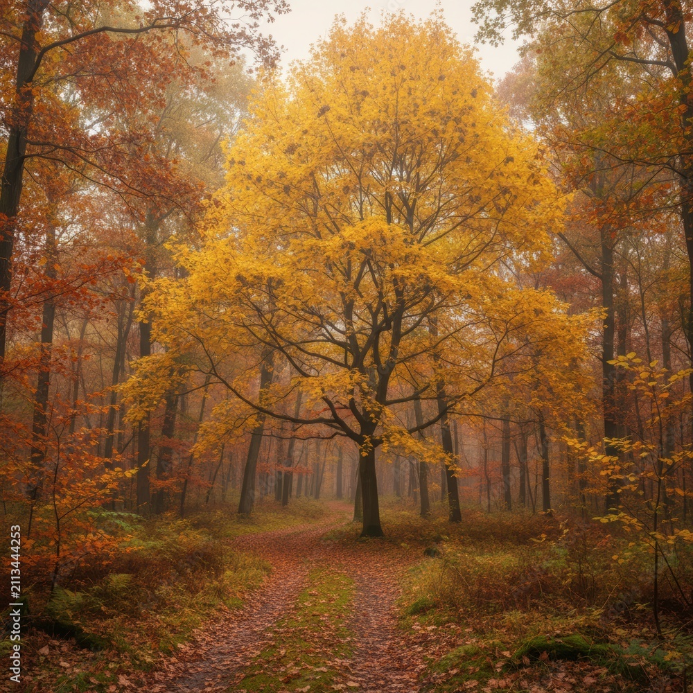 Fototapeta premium Autumn Forest Path with Golden Yellow Tree