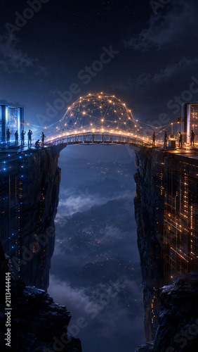 Futuristic bridge spanning a deep mountain canyon