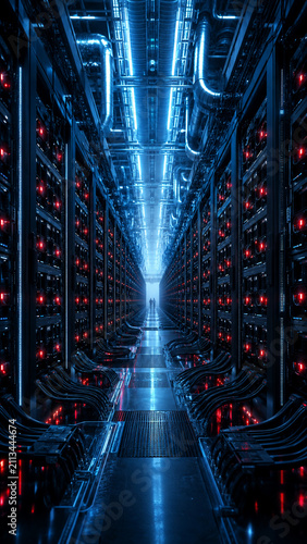 Futuristic data center server corridor with blue lighting