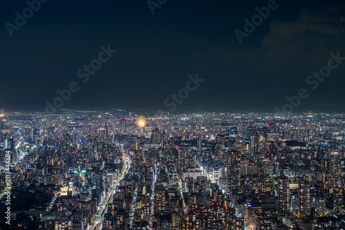 大阪・天神祭の花火が輝く大阪市内の夜景～超広角レンズで撮影～【大阪夜景】