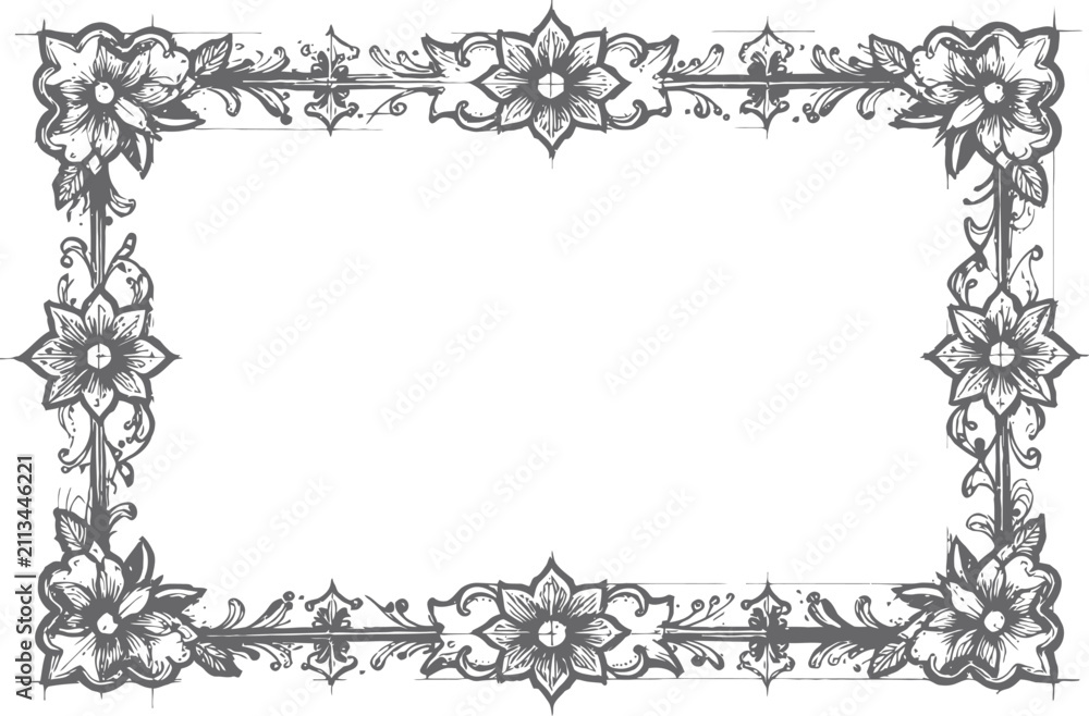 Obraz premium Vintage floral frame border with intricate hand drawn flower and leaf design on white background