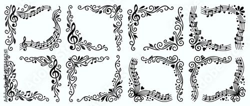 Ornate Musical Corner Borders with Notes and Clefs