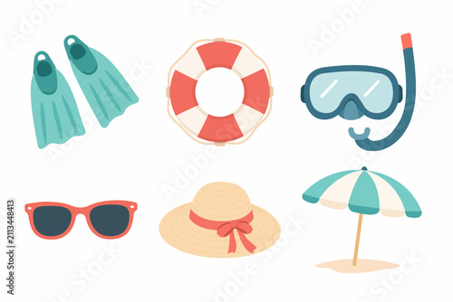 Flat summer vacation icon set with swim fin, lifebuoy, snorkel mask, sunglasses, straw hat and beach umbrella. Minimal travel and beach collection isolated on white.