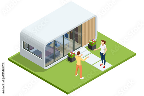 Isometric modern capsule house with man and woman meeting at the entrance, showing modular housing, rental visit, compact architecture, hospitality and residential life