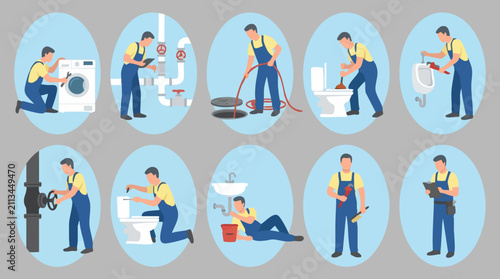 Professional plumbers performing various repair and maintenance tasks