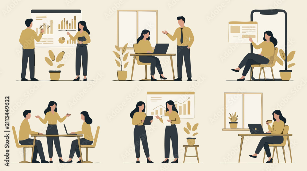 Fototapeta premium Business people collaborating, presenting, and working in diverse settings