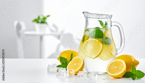 fresh lemon water in glass pitcher with ice cubes