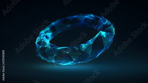 Glowing polygonal ring structure in cyan against dark background with technology abstract geometry science digital render visual effect with light