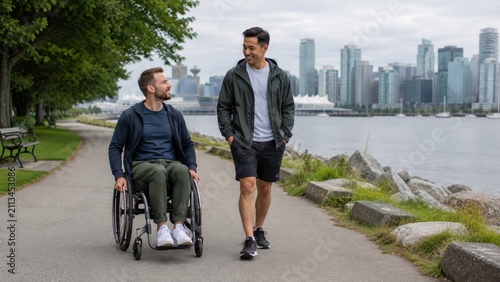 A man in a wheelchair and his friend walk along a paved waterfront path with a city skyline and water in the background.