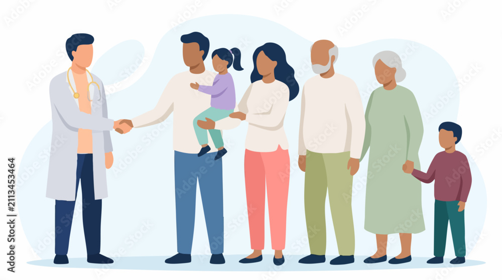 Obraz premium Doctor greeting multi-generational family during medical consultation
