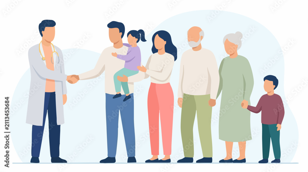 Fototapeta premium Doctor consulting multi-generational family, healthcare and medical support