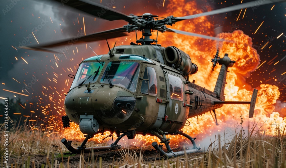 Obraz premium Military Helicopter Attack Amidst Intense Fire and Explosions