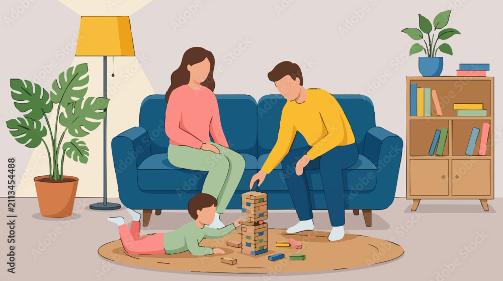 Fototapeta premium Family Playing Block Stacking Game Together at Home Illustration