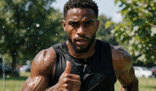 Muscular Black Man Thumbs Up Outdoors Summer Fitness Portrait