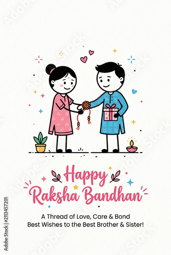 Cute Hand Drawn Brother and Sister Cartoon Illustration with Hearts for Raksha Bandhan Greeting Card, Kids Poster and Festival Celebration