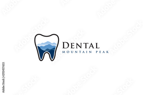 Dental Mountain Peak Logo With Tooth and Layered Blue Mountains for Clinic Branding