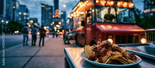 Delicious food truck nachos served curbside at twilight with city lights