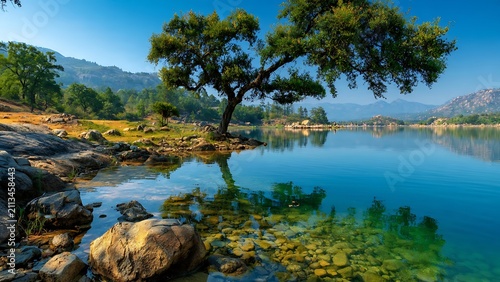 Serene landscape with a solitary tree reflecting in a clear blue lake.