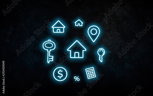 Glowing blue neon icons representing real estate and finance on a dark textured background