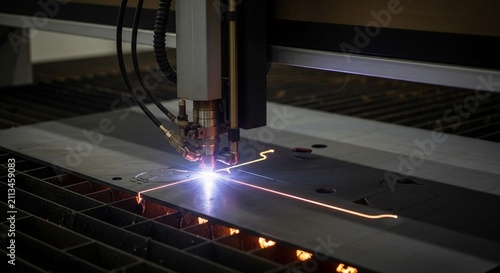 Precision plasma cutting machine precisely carves intricate patterns into a metal sheet with intense sparks and glowing light
