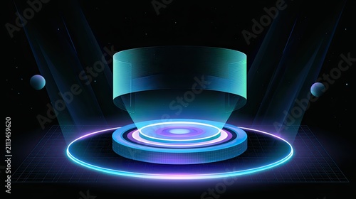 Futuristic glowing cylindrical platform with spotlights on a dark background