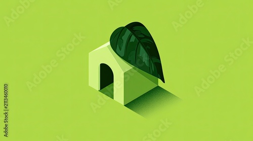 Minimalist light green abstract house shape with arched doorway and large leaf