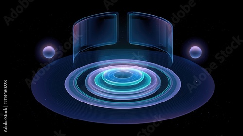 Futuristic glowing rings and spheres on a dark, starry background