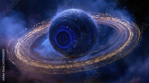 A textured, blue, spherical object with glowing rings of light encircles it. Cosmic