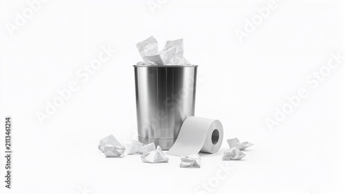 Toilet paper roll surrounded by crumpled tissues and a trash can on a white background.